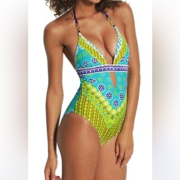 Trina Turk Seychelles Jungle One Piece Bathing Swim Suit Swimwear Halter Boho - Picture 12 of 13